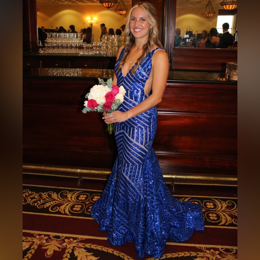 Jovani Deep V Royal Blue Sequin Prom Dress